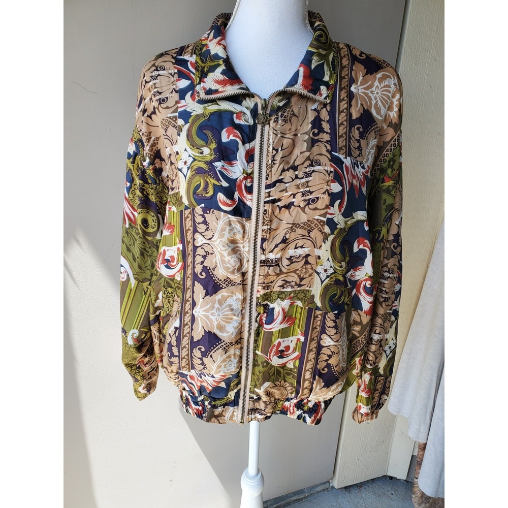 East West Jacket Womens Medium Silk Colorful Bomber Jacket Retro‎ Artsy Elegant